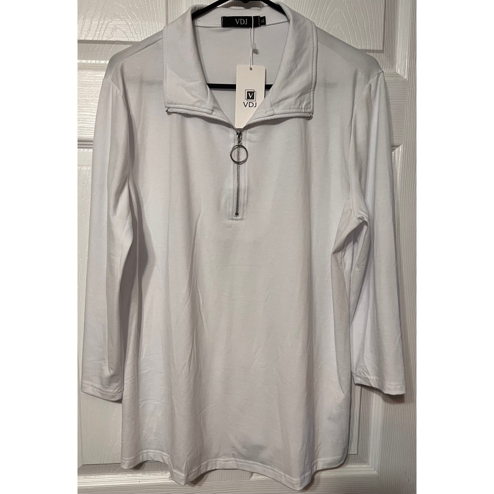 VDJ Womens White Quarter Zip Long Sleeve Collared Top O-Ring Zipper XL NEW